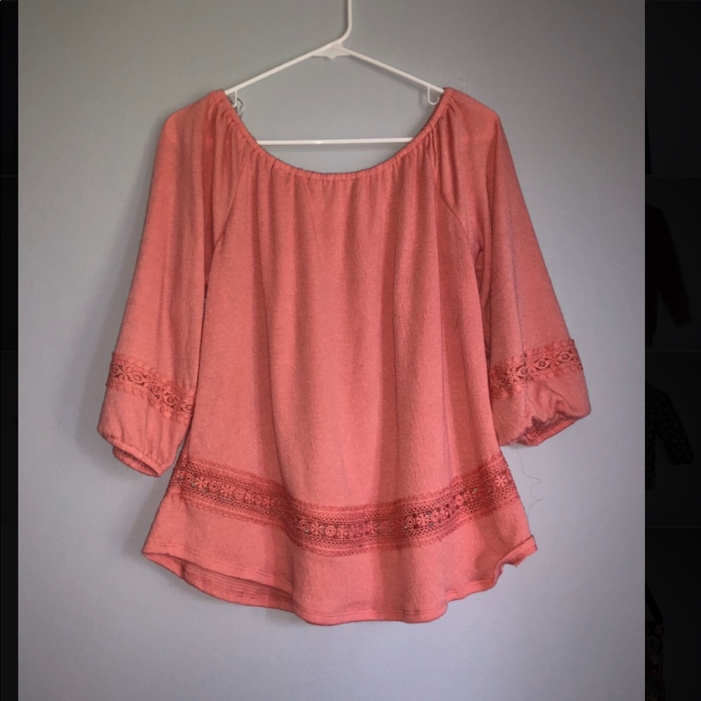 Coral colored, flowy, off the shoulder top!!